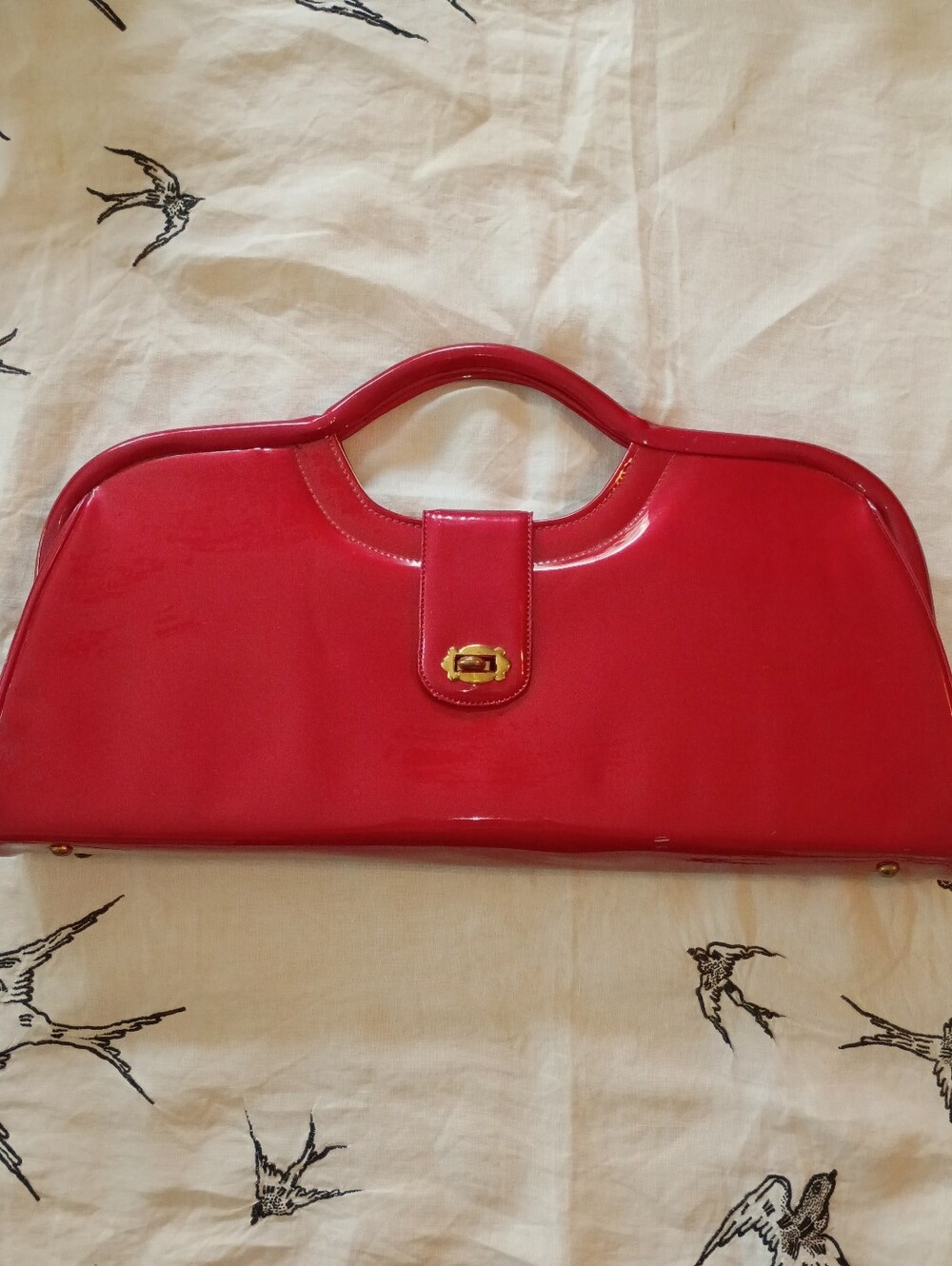 Glossy Red Patent Handle Clutch with Gold-Tone Hardware